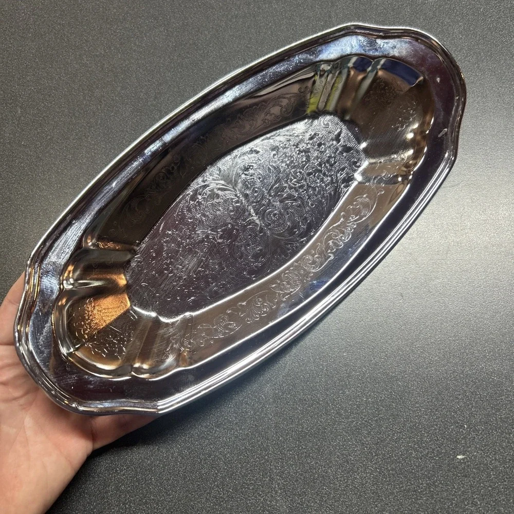 Silver Plated Serving Tray  Oval Etched Retro Decor Platter